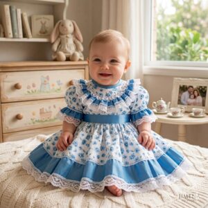 Vestido Huasa para Bebe Floreado Color Celeste, tallas : RN, 3M, 6M, 9M, 12M, 18M, 24M (Meses) (copia)