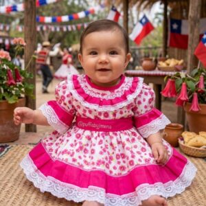 Vestido Huasa para Bebe  Floreado Color Fucsia, tallas : RN, 3M, 6M, 9M, 12M, 18M, 24M (Meses)