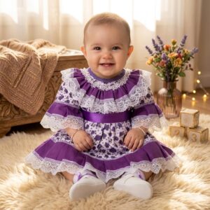 Vestido Huasa para Bebe  Floreado Color Morado, tallas : RN, 3M, 6M, 9M, 12M, 18M, 24M (Meses)