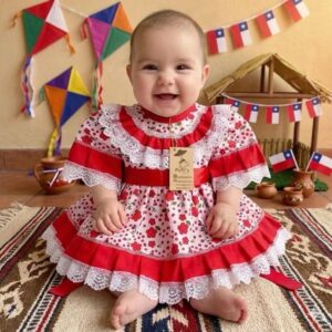Vestido Huasa para Bebe  Floreado Color Rojo, tallas : RN, 3M, 6M, 9M, 12M, 18M, 24M (Meses)